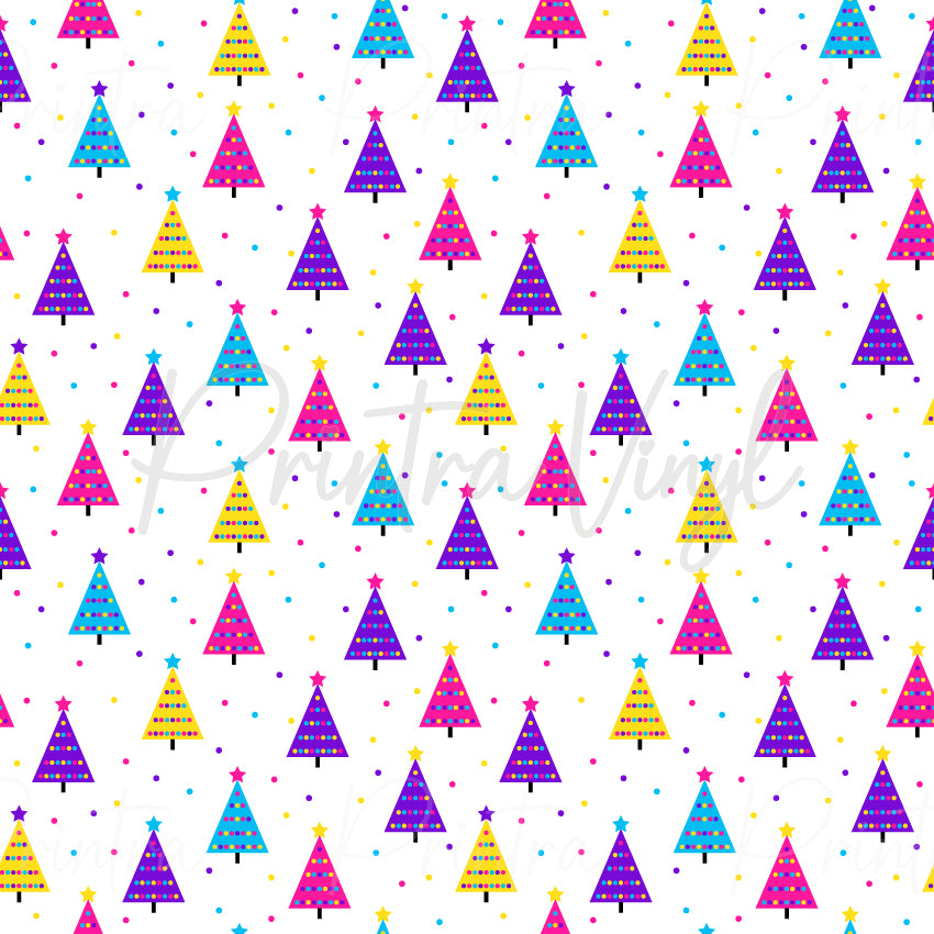 Merry Christmas #16 patterned vinyl featuring colourful modern Christmas trees in bright pink, purple, blue, and yellow tones, decorated with dotted garlands and topped with stars, scattered across a light grey background with festive confetti accents.