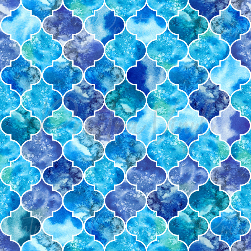 Moroccan Tiles #01 patterned vinyl featuring blue watercolour Moroccan tile shapes with a white lattice overlay.
