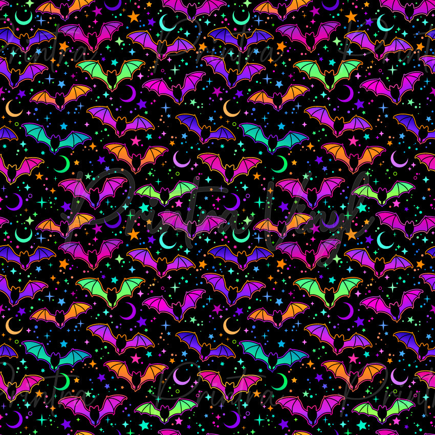 Neon Bats #02 patterned vinyl featuring an all-over scatter of neon bats in vibrant shades of hot pink, purple, lime green, aqua and orange, flying across a black background filled with colourful stars, crescent moons and glowing celestial accents.