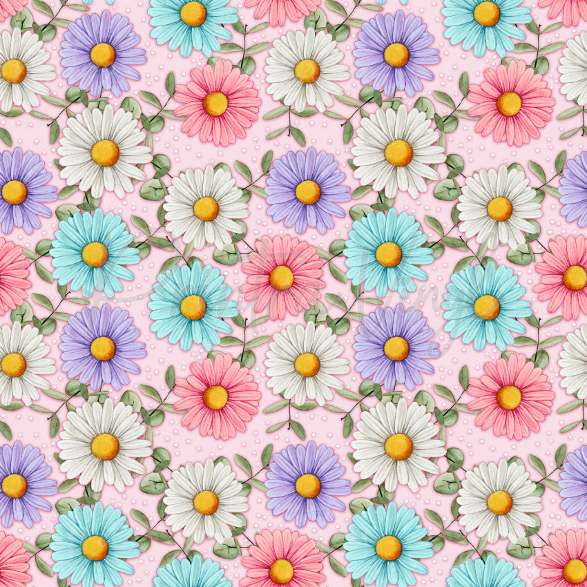 Pastel Daisies #02 patterned vinyl featuring pastel daisy flowers in pink, lavender, aqua and white with yellow centres and delicate green foliage on a soft blush pink background.