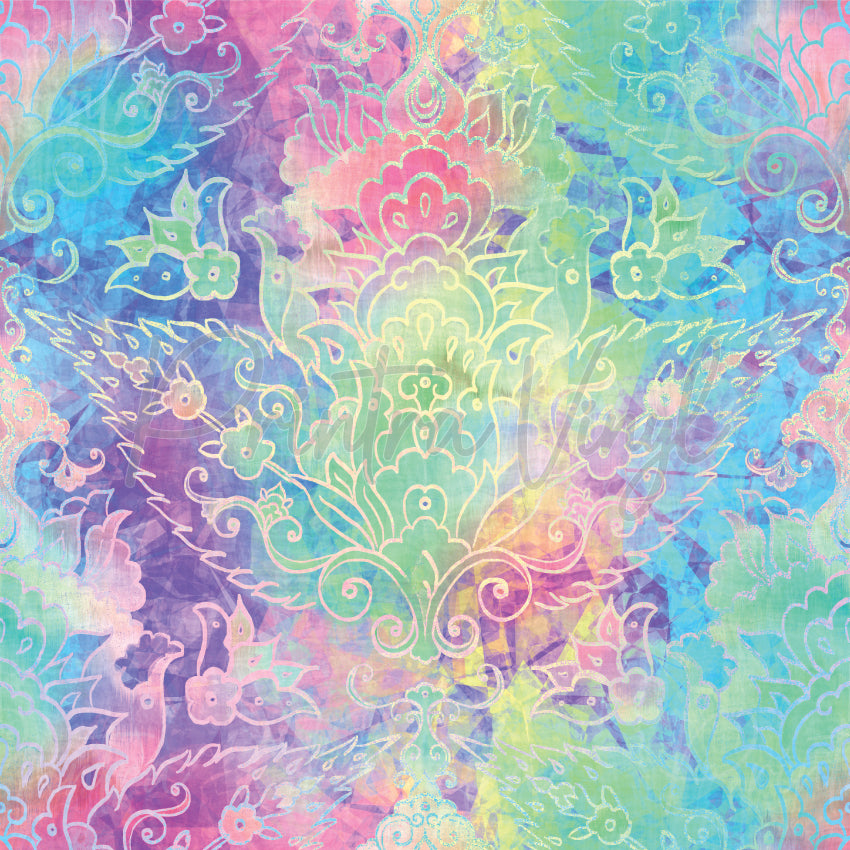 Pastel Play #03 patterned vinyl featuring an intricate pastel damask design with soft aqua, lavender, pink and mint watercolour textures layered with delicate floral and ornamental linework.