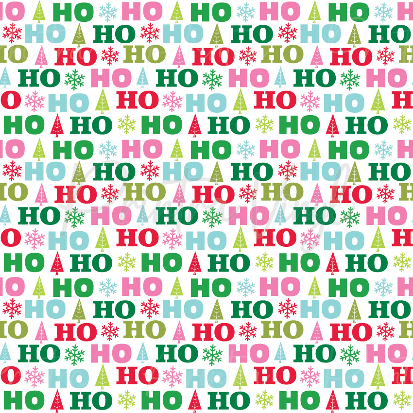 Pink Christmas #02 patterned vinyl featuring festive "HO HO HO" lettering in pink, red, aqua, and green, accented with Christmas trees and snowflakes on a crisp white background for a bright and playful holiday design.