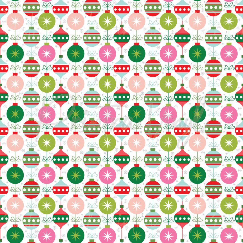 Pink Christmas #05 patterned vinyl featuring retro-inspired Christmas baubles in pink, blush, aqua, red, and green tones, decorated with stripes, stars, polka dots, and festive geometric details on a soft white background.
