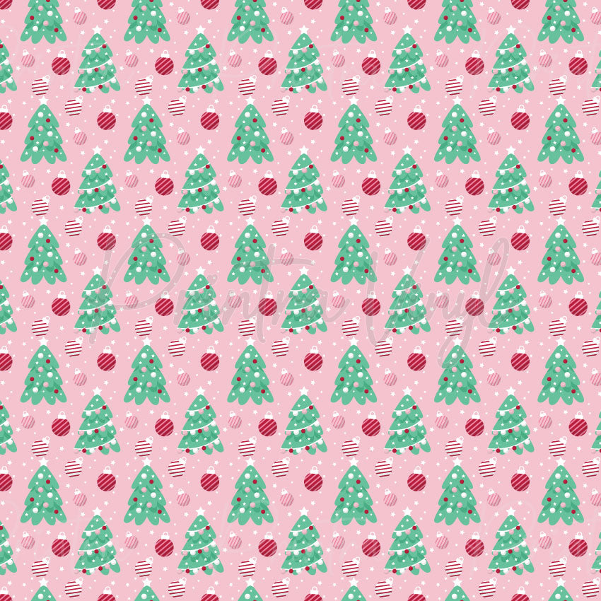 Pink Christmas #07 patterned vinyl featuring whimsical Christmas trees in soft mint green, scattered among pink and red baubles, white stars, and snowy accents on a blush pink background for a sweet festive design.