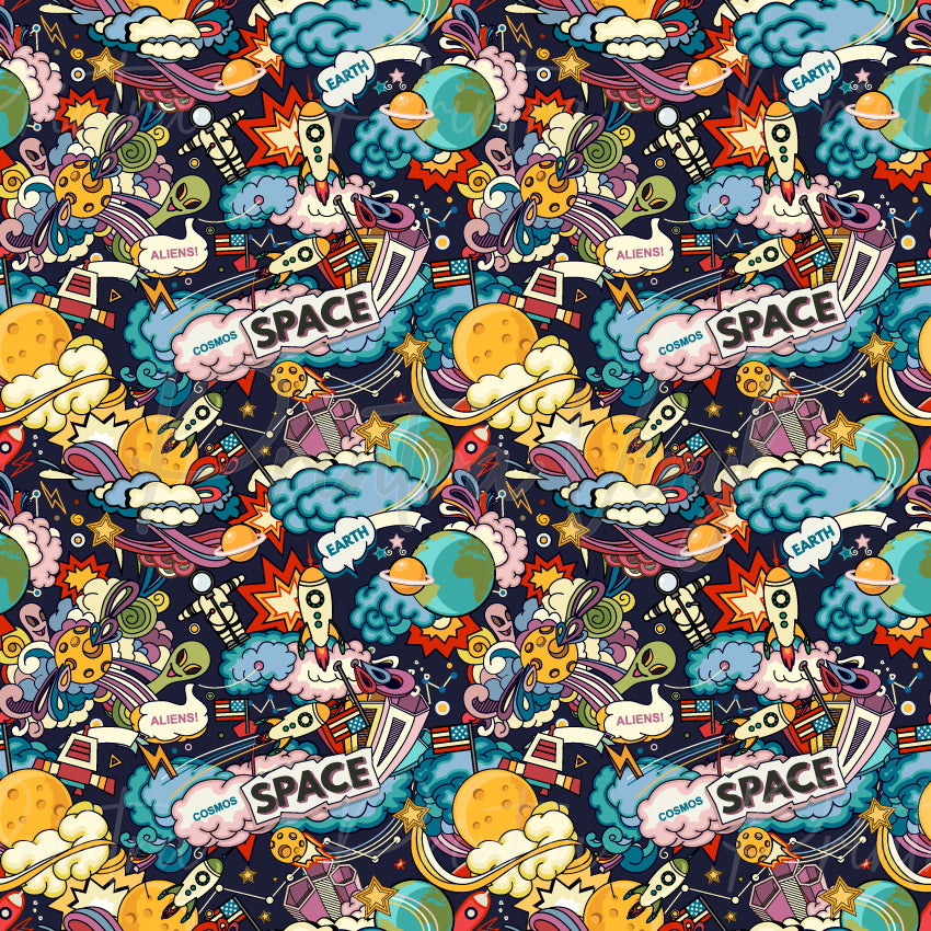 Planet Riot patterned vinyl featuring a vibrant comic-style space collage with rockets, planets, aliens, Earth, stars, clouds, explosions, satellites, and cosmic doodles in bold blue, orange, yellow, pink, and teal tones.