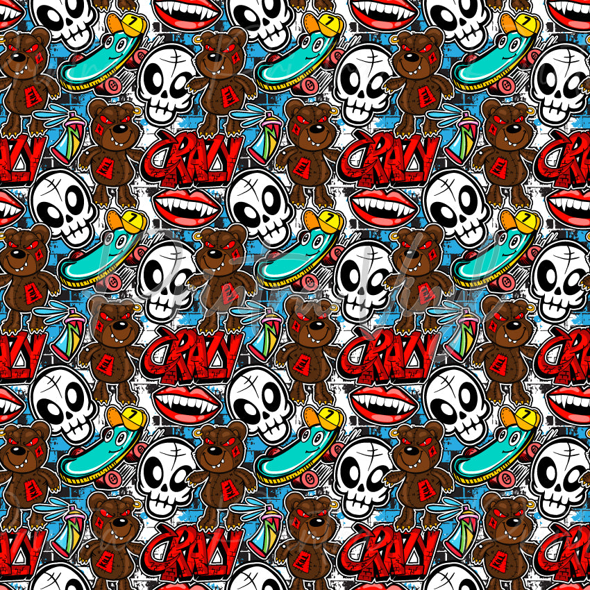 Rad Rebels patterned vinyl featuring a bold street-art collage of cartoon skulls, graffiti text, skateboards, stitched teddy bears, comic-style mouths, spray paint elements, and urban doodles in vibrant red, blue, brown, black, and white tones.