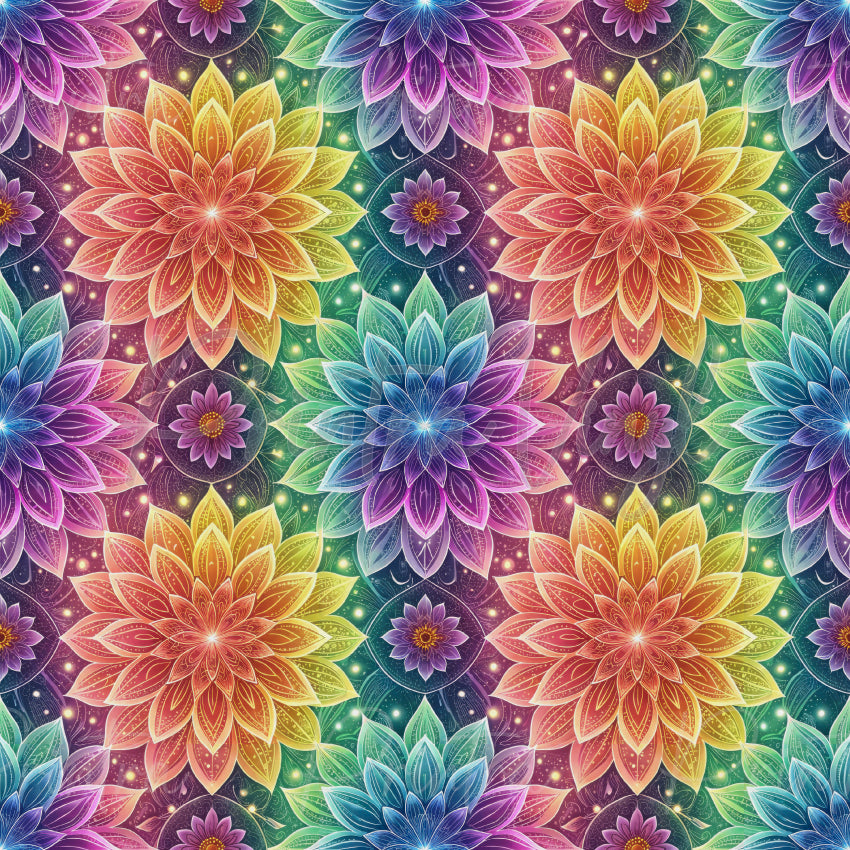 Radiant Bloom patterned vinyl featuring vibrant rainbow floral mandalas, glowing petals, sparkling accents, and colourful botanical motifs on a luminous cosmic background.