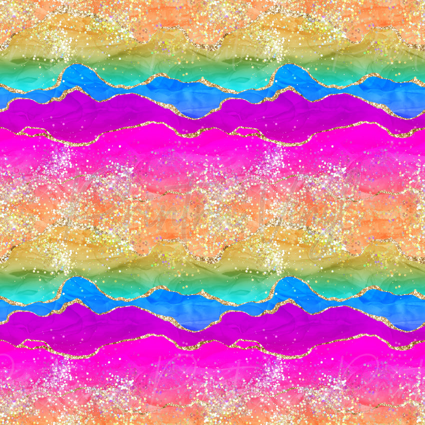 Rainbow Glitter Agate #02 patterned vinyl featuring vibrant bands of peach, lime green, aqua, royal blue, purple and hot pink with translucent agate textures, sparkling glitter overlays and metallic gold marbled accents throughout.