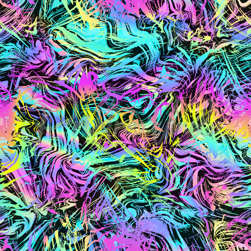 Rainbow Swirls patterned vinyl featuring vibrant neon brushstroke swirls and abstract flowing lines in pink, turquoise, purple, yellow and green on a black background.