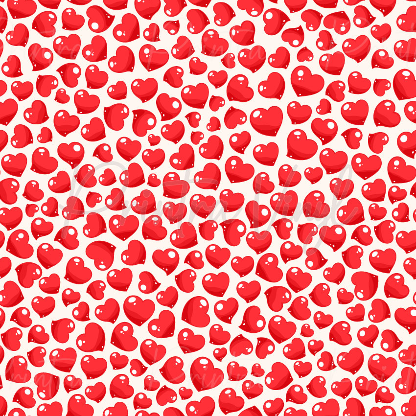 Red Hearts #01 patterned vinyl featuring glossy red hearts in varying sizes scattered across a crisp white background, creating a bright and playful love-themed design with a smooth candy-like finish.