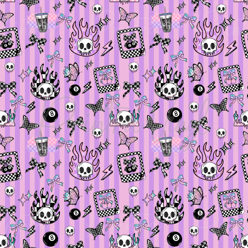 Retro Skull Vibes #02 patterned vinyl featuring pastel purple vertical stripes decorated with flaming skulls, butterflies, bows, lightning bolts, 8-ball icons, sparkling stars, and retro doodle elements in black, white, pink, and lilac tones.