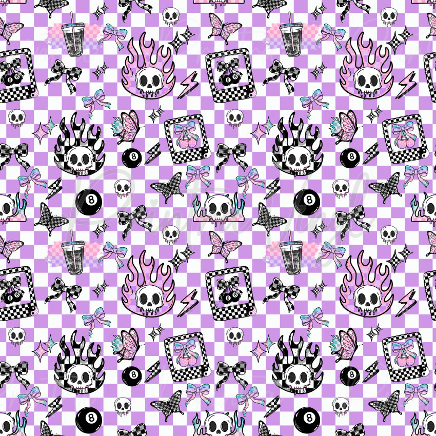 Retro Skull Vibes #04 patterned vinyl featuring pastel purple checkerboard squares decorated with flaming skulls, butterflies, bows, lightning bolts, 8-ball icons, stars, and retro doodle elements in soft pink, black, white, and lilac tones.