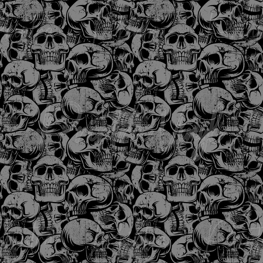 Skulls #01 patterned vinyl featuring detailed grey skull illustrations layered across a deep black background, with distressed textures, bold shading and intricate linework creating a dark gothic-inspired design.