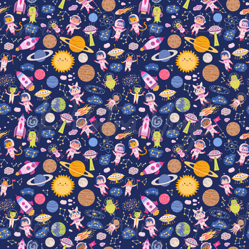 Space Divas patterned vinyl featuring adorable astronauts, rockets, planets, UFOs, aliens, constellations, and celestial elements in pink, purple, yellow, and blue tones on a starry galaxy background.