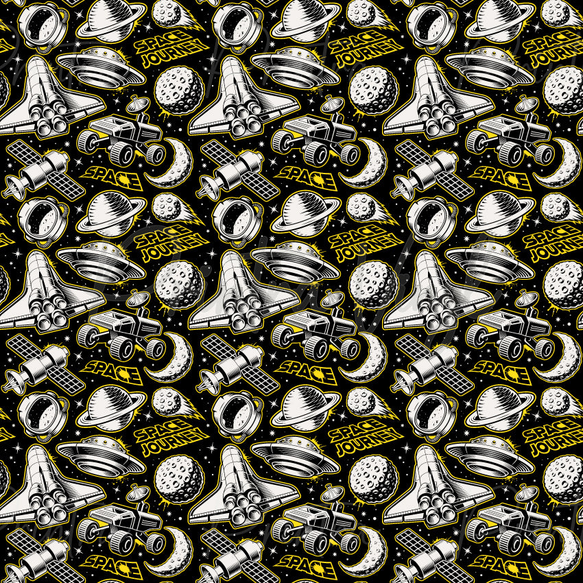 Space Journey patterned vinyl featuring detailed space shuttles, UFOs, planetary rovers, satellites, astronaut helmets, ringed planets, moons, and stars in bold black, white, and yellow tones for a striking retro space-themed design.