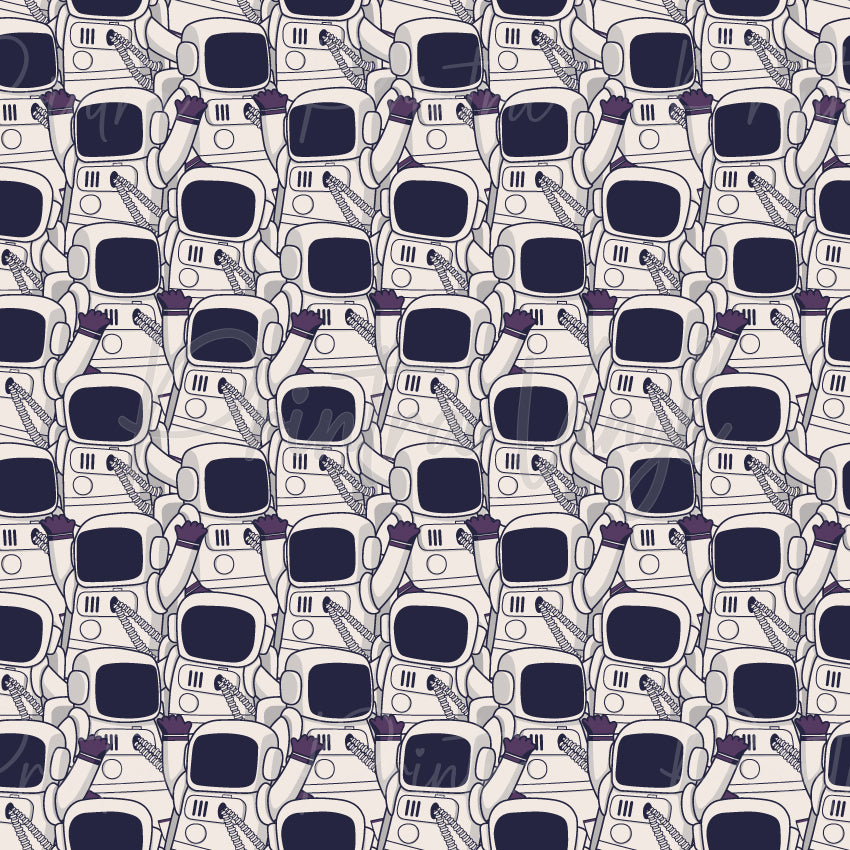 Space Squad patterned vinyl featuring a dense all-over pattern of illustrated astronaut suits with dark visors, space helmets, gloves, and life-support details in soft cream, navy, and grey tones on a clean neutral background.