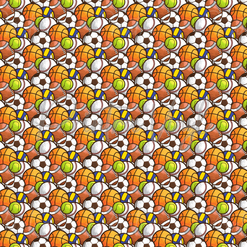 Sports Stack patterned vinyl featuring overlapping basketballs, soccer balls, tennis balls, baseballs, volleyballs and footballs in vibrant orange, green, blue, yellow, brown and white tones, layered into a packed all-over sports design with hand-drawn sketch-style details.