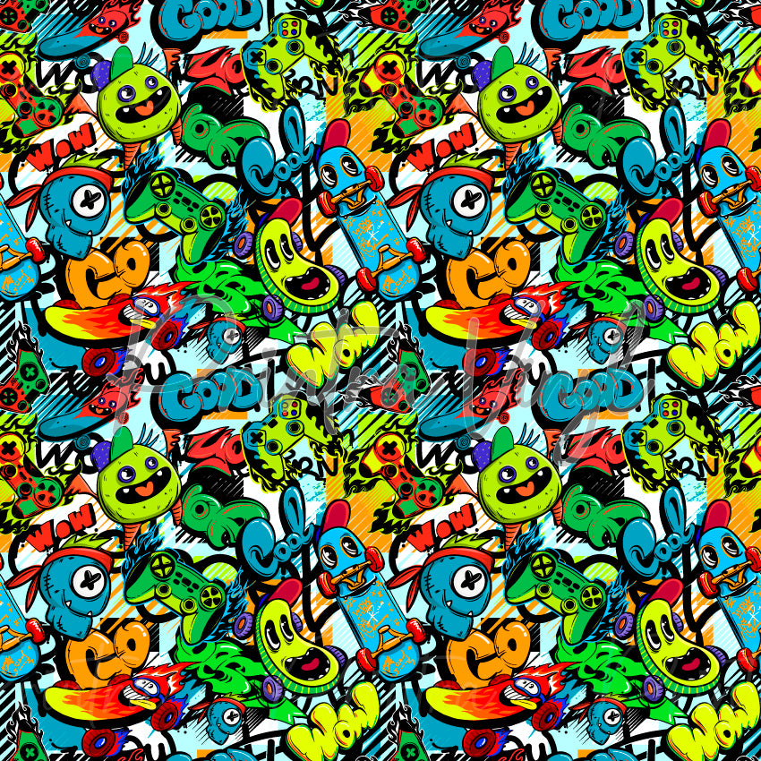 Street Jam patterned vinyl featuring a vibrant graffiti-inspired collage of skateboards, game controllers, cartoon monsters, doodle characters, bold comic-style text, paint splatters, and street-art elements in bright neon green, blue, orange, red, and yellow tones.