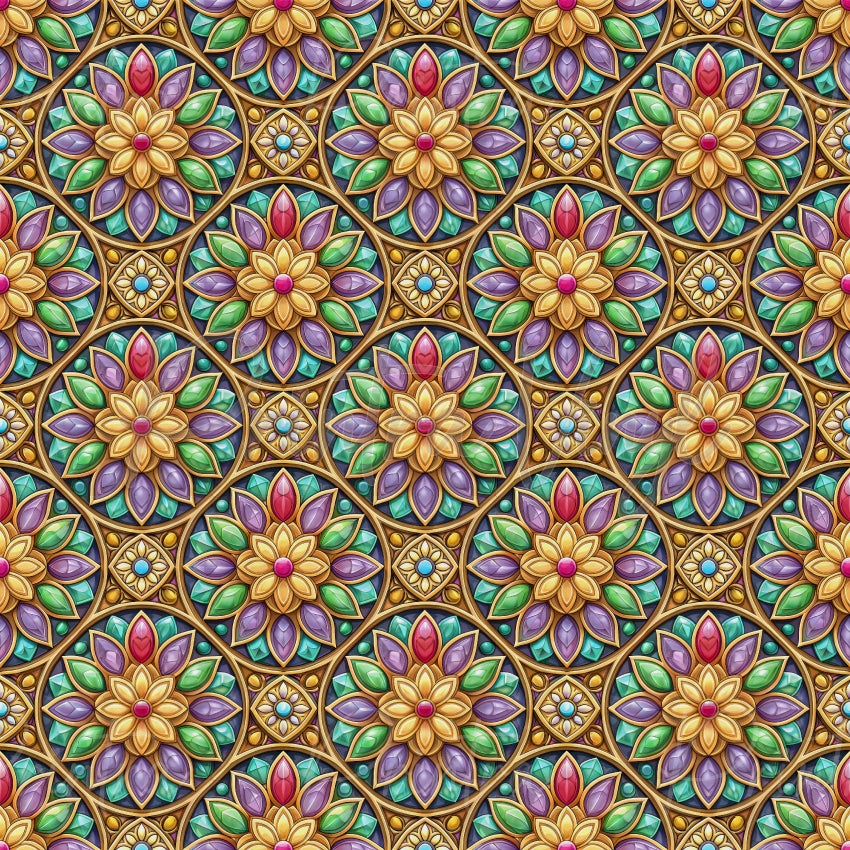 Sunlit Lotus #02 patterned vinyl featuring elegant lotus-inspired mandalas in gold, teal, green, purple, and pink, with intricate stained-glass details and ornate geometric symmetry.