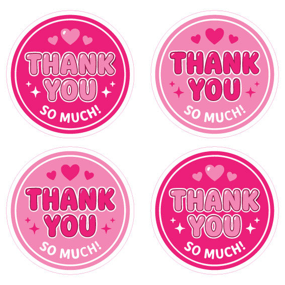 Close-up of four round Thankful Hearts stickers in bright and light pink shades featuring heart icons, sparkles, and bold "Thank You So Much!" text. Perfect for small business packaging, customer orders, gifts, and envelope seals.