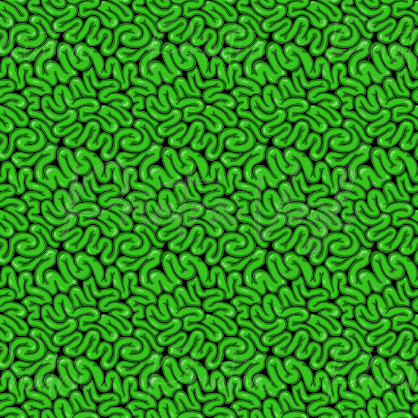 Toxic Brain patterned vinyl featuring a dense collection of bright neon green brain illustrations with glossy highlights, detailed folds, and bold black shading, creating a striking zombie-inspired horror design.