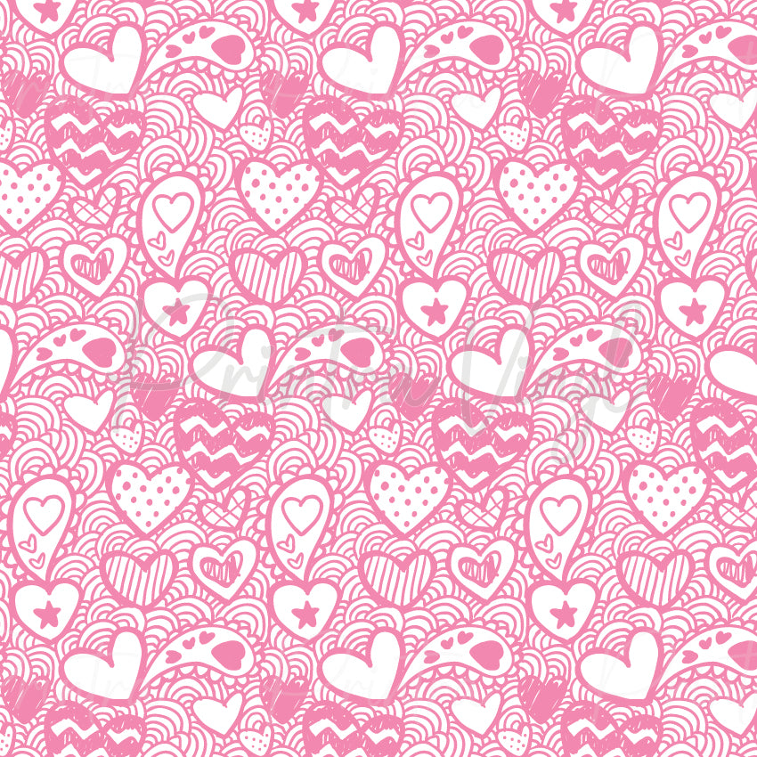 Valentine's Day #12 patterned vinyl featuring a playful pink doodle design with hearts, stars, stripes, polka dots, and hand-drawn love-themed illustrations layered over a whimsical, scalloped background.