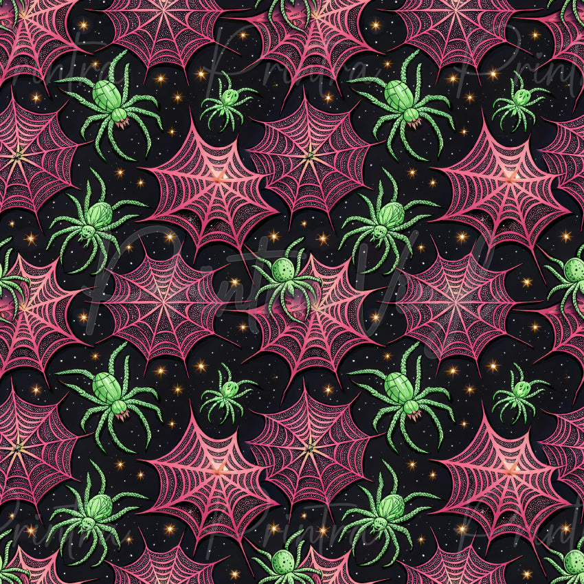 Venom Webs patterned vinyl featuring bright green spiders crawling across intricate pink spiderwebs on a dark starry background, creating a bold and playful spooky-season design.