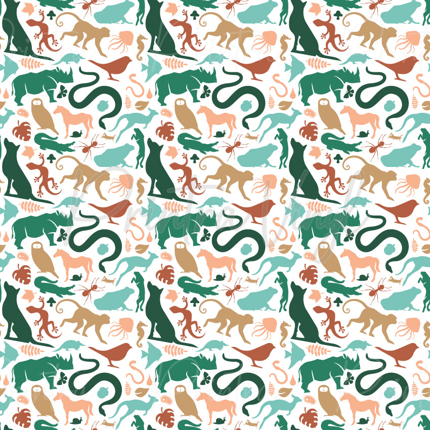 Wildlife Wonders patterned vinyl featuring a diverse collection of wildlife silhouettes including bears, monkeys, snakes, crocodiles, birds, owls, horses, jellyfish, seahorses, and other land and marine animals in soft green, teal, tan, and terracotta tones on a white background.