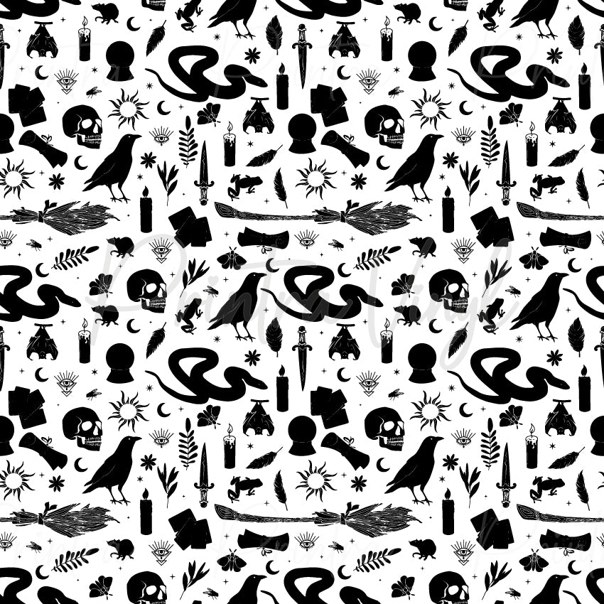 Witchcraft #02 patterned vinyl featuring black silhouettes of ravens, snakes, crystal balls, skulls, tarot cards, candles, daggers, moons and mystical symbols scattered across a crisp white background in a bold monochrome witchcraft design.