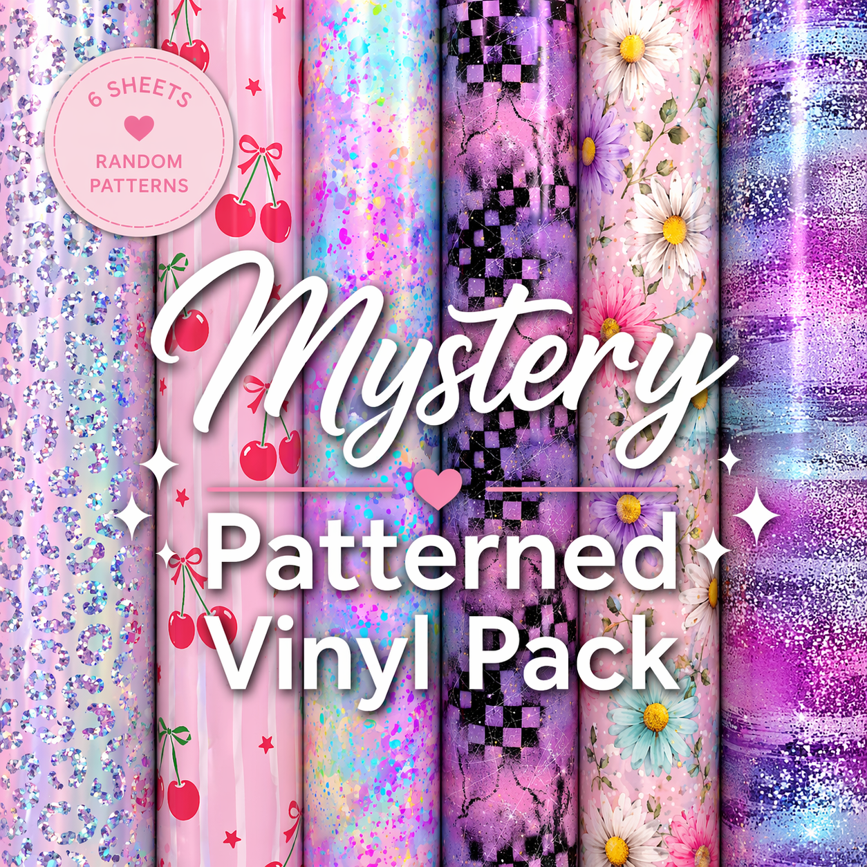 Patterned vinyl bundle assortment — adhesive vinyl and heat transfer rolls in various designs.