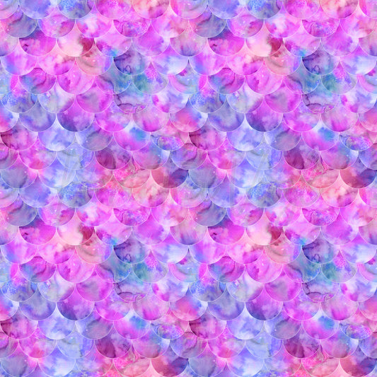 A seamless pattern of overlapping mermaid scales in a watercolor style, featuring a blend of pink, purple, and blue hues.