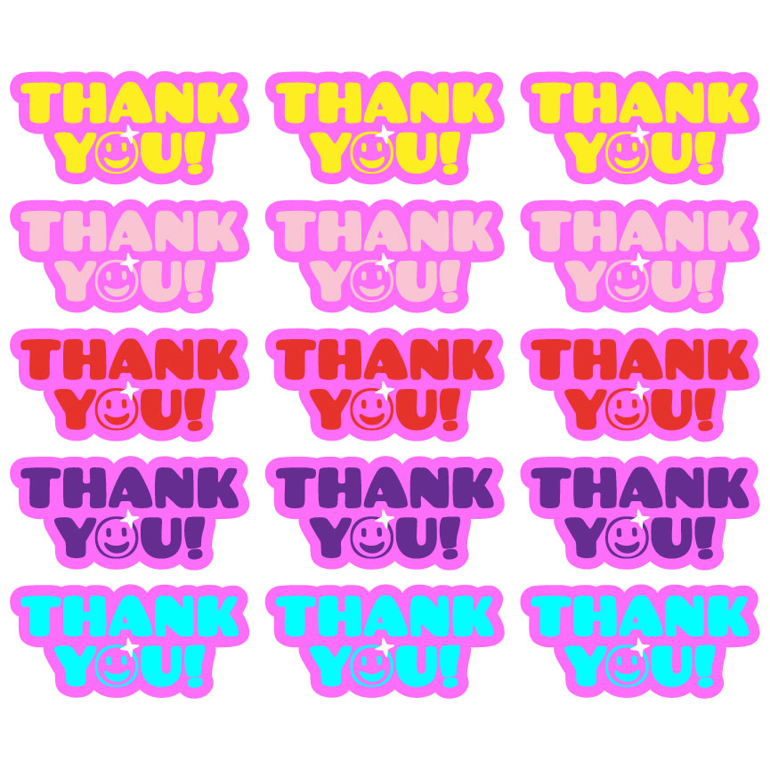 Close-up of colourful Smiley Thanks stickers featuring bold retro "Thank You!" lettering with smiley face accents in yellow, pink, red, purple, and turquoise colour combinations. Perfect for small business packaging, customer orders, gifts, and happy mail.