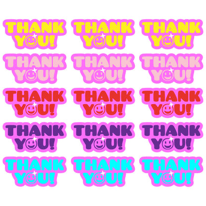 Close-up of colourful Smiley Thanks stickers featuring bold retro "Thank You!" lettering with smiley face accents in yellow, pink, red, purple, and turquoise colour combinations. Perfect for small business packaging, customer orders, gifts, and happy mail.