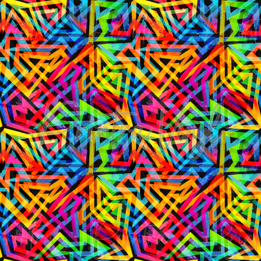 A-MAZE-ING #01 patterned vinyl featuring vibrant rainbow geometric maze-inspired shapes layered over a bold abstract background.