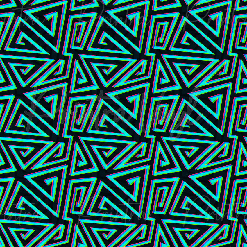 A-MAZE-ING #02 patterned vinyl featuring neon blue, green and pink geometric maze-inspired shapes on a black background.