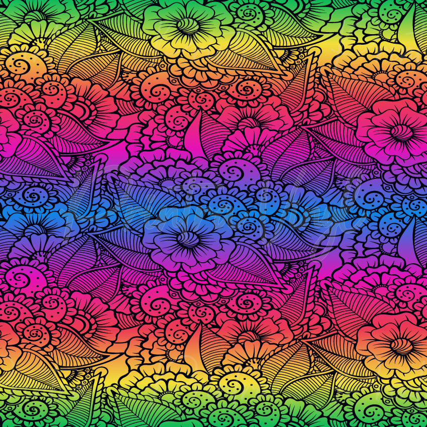 Abstract Floral Art #01 patterned vinyl featuring intricate floral linework filled with vibrant rainbow gradients in hot pink, magenta, purple, royal blue, aqua, lime green, yellow and orange, layered with detailed blooms, leaves and paisley-inspired botanical motifs.