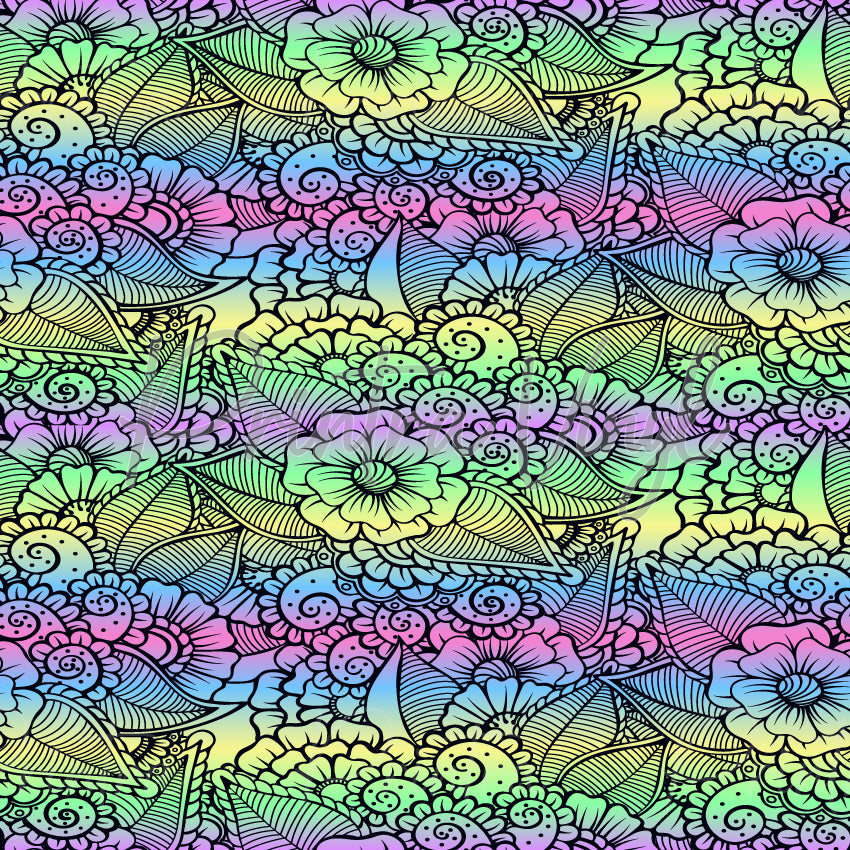 Abstract Floral Art #02 patterned vinyl featuring intricate floral linework filled with soft rainbow gradients in lavender, pink, aqua, mint green, sky blue and buttery yellow, layered with detailed blooms, leaves and paisley-inspired botanical motifs.