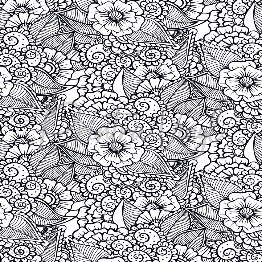 Abstract Floral Art #03 patterned vinyl featuring intricate black and white floral linework with detailed blooms, leaves, paisley-inspired motifs and hand-drawn botanical patterns in a colouring-book style design.