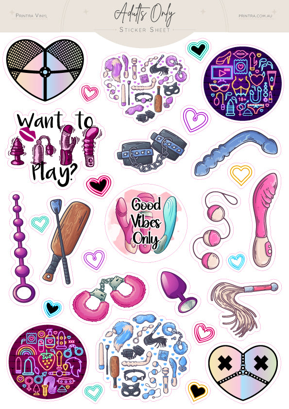 Adults Only sticker sheet featuring colourful adult-themed novelty stickers including hearts, decorative icons, handcuffs, paddles, whips, chains, playful quotes and neon-style designs, displayed on a boutique printable sticker sheet by Printra Vinyl.