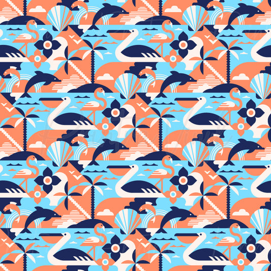 A seamless repeating pattern featuring stylized flamingos, dolphins, seashells, palm trees, and geometric shapes in coral orange, navy blue, light blue, and cream.