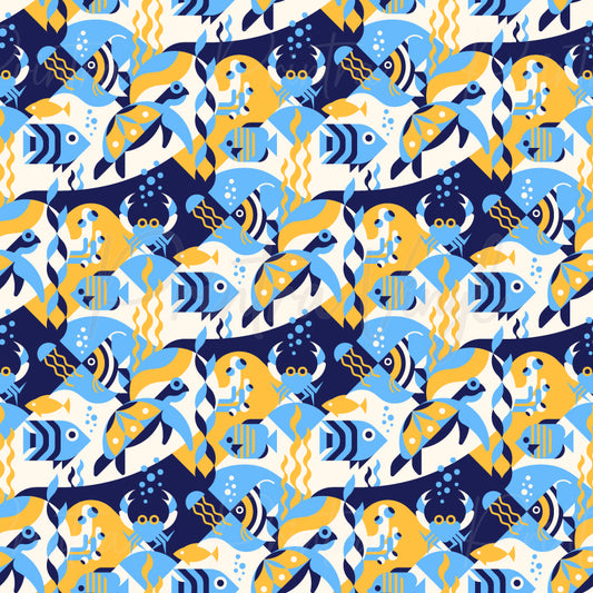 A repeating seamless pattern featuring stylized blue and yellow tropical fish, crabs, and wavy seaweed on a white background.