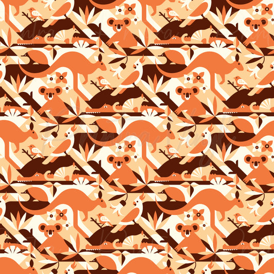 A repeating seamless pattern featuring stylised Australian wildlife, including kangaroos, koalas, and echidnas, in warm orange, brown, and cream tones.