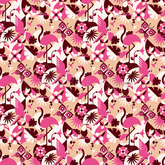 A seamless repeating pattern featuring stylized pink flamingos, butterflies, birds, and tropical leaves in shades of pink, burgundy, and cream on a light beige background.