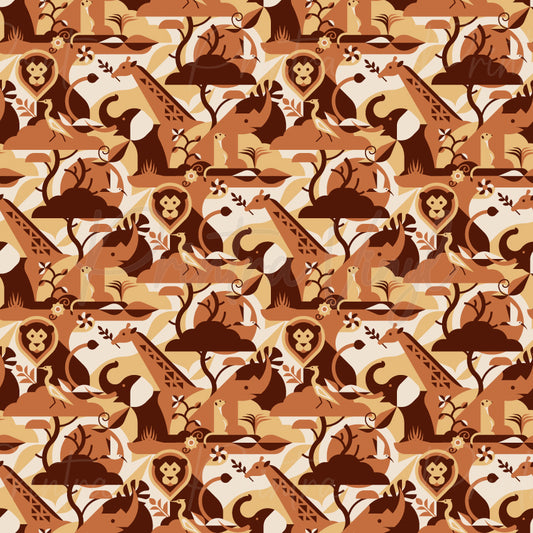 A repeating safari-themed pattern featuring stylized animals such as lions, giraffes, elephants, and meerkats in warm brown, tan, and cream tones on a light beige background.
