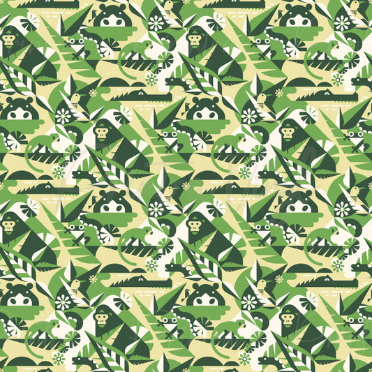 A repeating seamless pattern featuring cartoon-style green and white animals, including a hippo, toucan, monkey, and tropical leaves, on a pale-yellow background.