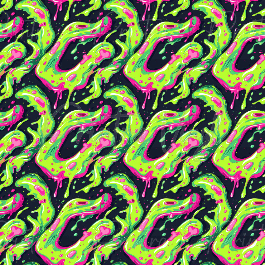 Alien Slime patterned vinyl featuring vibrant neon green slime creatures with bright pink drips, glossy goo textures, and splattered cosmic slime effects on a deep navy background for a bold sci-fi inspired design.