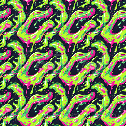 Alien Slime patterned vinyl featuring vibrant neon green slime creatures with bright pink drips, glossy goo textures, and splattered cosmic slime effects on a deep navy background for a bold sci-fi inspired design.