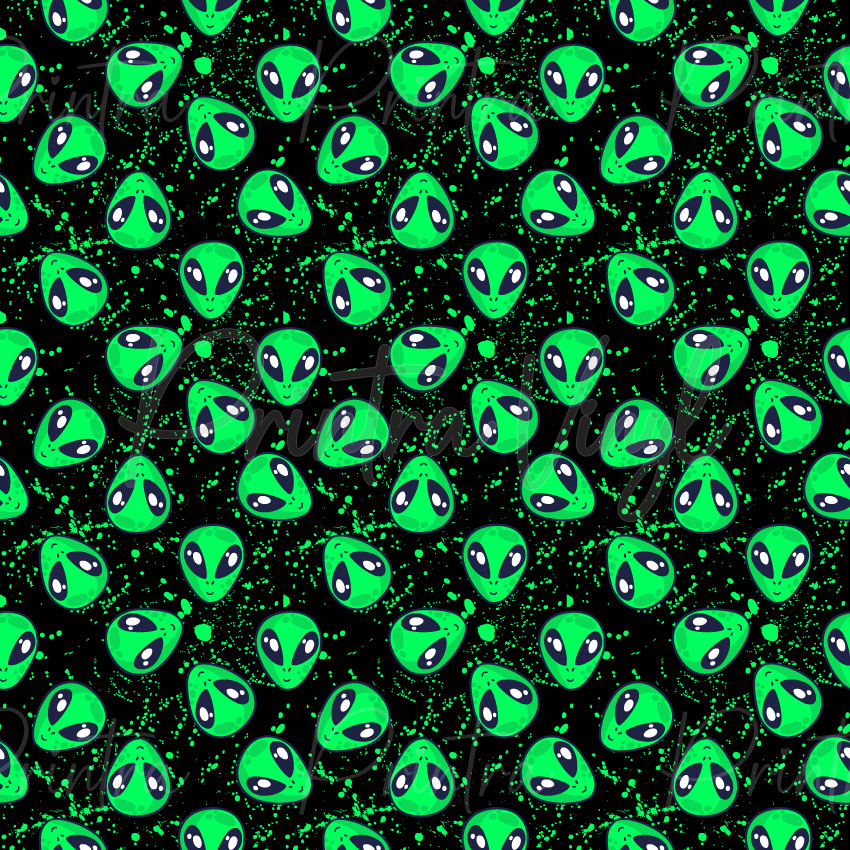 Alienation patterned vinyl featuring bright neon green alien heads scattered across a black background with vibrant green paint splatter effects, creating a bold and playful extraterrestrial design.