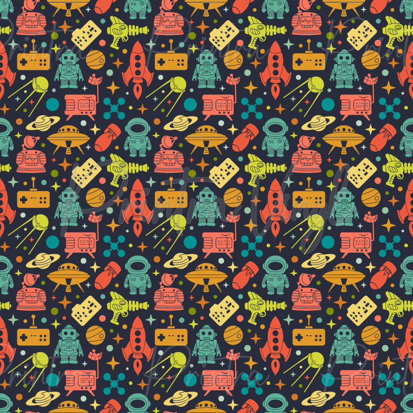 Astro Play patterned vinyl featuring retro space-themed icons including rockets, astronauts, UFOs, robots, ray guns, satellites, gaming controllers, planets, and stars in vibrant orange, teal, yellow, and coral tones on a dark background.
