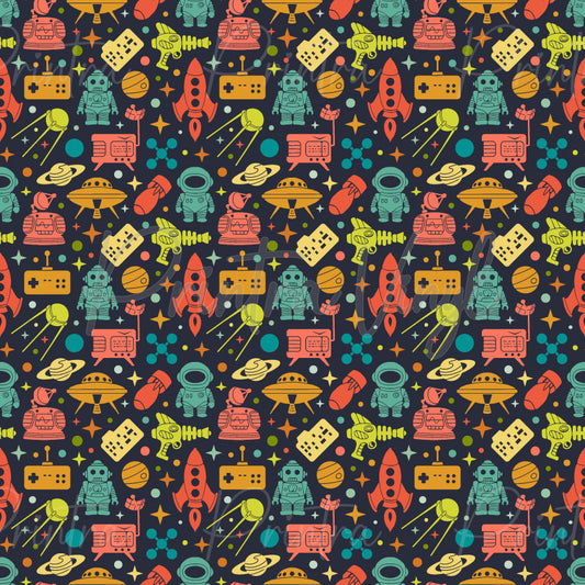 Astro Play patterned vinyl featuring retro space-themed icons including rockets, astronauts, UFOs, robots, ray guns, satellites, gaming controllers, planets, and stars in vibrant orange, teal, yellow, and coral tones on a dark background.